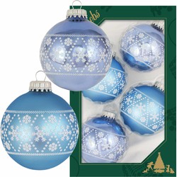 4x Glazen ijsblauwe/lichtblauwe kerstballen met witte decoratie 7 cm - Kerstbal