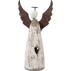 Clayre & Eef Decoratie Beeld Engel Wit Bruin Hout