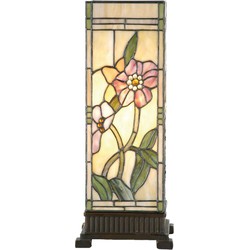 LumiLamp Tiffany Tafellamp  18x18x45 cm  Beige Roze Glas Rechthoek Bloemen Tiffany Bureaulamp