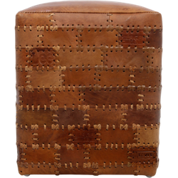 HSM Collection-Vierkante Poef Patchwork-35x35x45-Cognac-Leder