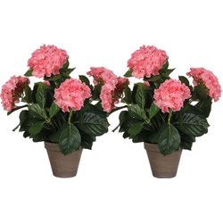 2x Roze hortensia kunstplanten 45 cm met grijze pot - Kunstplanten