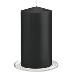 Trend Candles - Stompkaarsen met glazen onderzetters set van 2x stuks - zwart 8 x 15 cm - Stompkaarsen