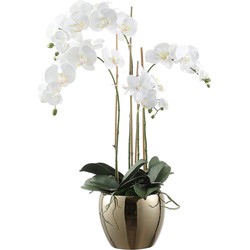 Kunstmatig orchideeën arrangement met witgouden vaas H79