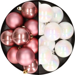 24x stuks kunststof kerstballen mix van velvet roze en parelmoer wit 6 cm - Kerstbal