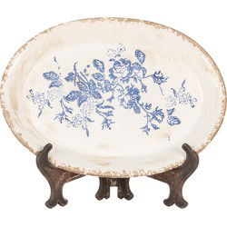 Clayre & Eef Onderbord  25x18x3 cm Beige Blauw Keramiek Ovaal Bloemen