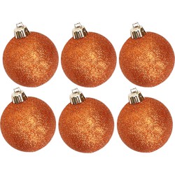 6x stuks kunststof glitter kerstballen oranje 8 cm - Kerstbal