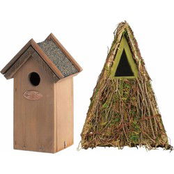 Voordeelset van 2x stuks houten vogelhuisjes/nestkastjes groen en houtkleur - Vogelhuisjes
