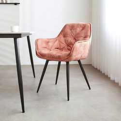 Chique Eetkamerstoel Velvet Roze Stof Audrey - Met Armleuningen