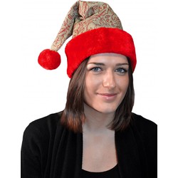 Set van 4x stuks luxe kerstmuts beige/rood met glitters en pluche - Kerstmutsen