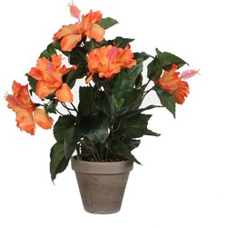 Mica Decorations Hibiscus Kunstplant in Bloempot Stan - H40 x Ø30 cm - Oranje