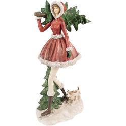 Clayre & Eef Beeld Meisje 25x17x43 cm Rood Groen Polyresin Kerstdecoratie