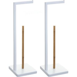 Set van 2x stuks staande wc/toiletrolhouders met reservoir wit 64,5 cm van metaal/bamboe - Toiletrolhouders