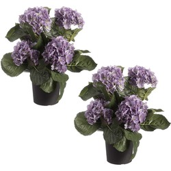 Set van 2x stuks paarse hortensia Hydrangea kunstplanten in zwarte kunststof pot 44 cm - Kunstplanten