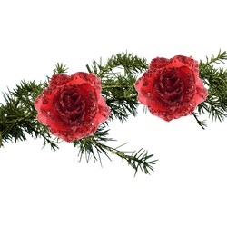 2x stuks kerstversiering glitter bloemen/rozen met clip rood 14 cm - Kersthangers