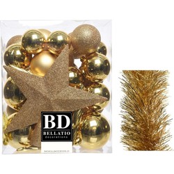 Kerstversiering kerstballen 5-6-8 cm met ster piek en folieslingers pakket goud van 35x stuks - Kerstbal