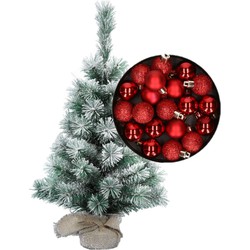 Besneeuwde mini kerstboom/kunst kerstboom 35 cm met kerstballen rood - Kunstkerstboom