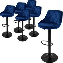 ML-Design barkruk set van 6, fluwelen bekleding, blauw, gestoffeerde barkruk met rugleuning en voetensteun, barkruk in hoogte verstelbaar 62-82 cm, 360° draaibaar, bistrokruk draaibare barkrukken