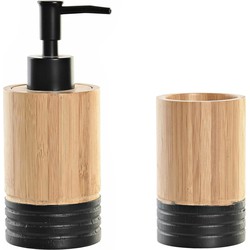 Badkamer accessoires setje drinkbeker en zeeppompje 17 cm bamboe/zwart - Zeeppompjes