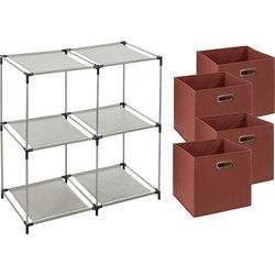 5Five Kastmandjes/opberg mandjes - steenrood - 4x stuks van 29 Liter - Rekje is 67 x 68 cm - Opbergmanden