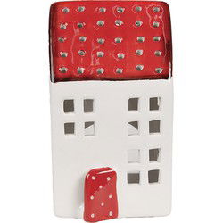 Clayre & Eef Theelichthouder Huis 8x8x15 cm Wit Rood Kunststof Waxinelichthouder