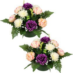 Louis Maes Kunstbloemen boeket crysanten in pot - 2x - kleurenmix - D30 x H24 cm - Bloemstuk - Bladgroen - Kunstbloemen