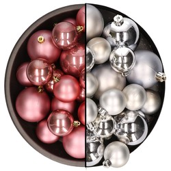 Kerstversiering kunststof kerstballen mix oud roze/zilver 6-8-10 cm pakket van 44x stuks - Kerstbal