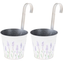 2x stuks bloempotten/plantenbakken zink met ophanghaak creme wit met lavendel 14 x 13 x 26 cm - Plantenpotten