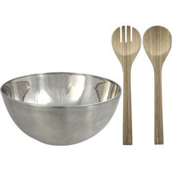 Salade schaal met sla couvert - RVS/bamboe - mat zilver - serveerschaal - D29 x H14 cm - Serveerschalen