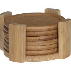 Secret de Gourmet glazen Onderzetters - 6x stuks - bamboe hout - rond - Dia 10 cm - in houder - Glazenonderzetters