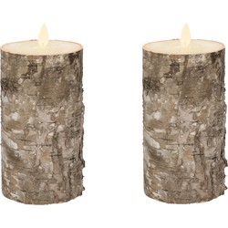 2x Led kaarsen/stompkaarsen bruin berkenhout 15 cm met dansvlam - LED kaarsen