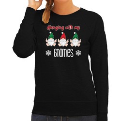 Bellatio Decorations foute kersttrui/sweater dames - Kerst kabouter/gnoom - zwart - Gnomies L - kerst truien