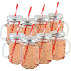 OTIX Mason jar Drinkbeker - met Rietje - Set van 8 - Zilvere dop - 450 ml