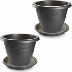 2x stuks bloempotten met onderschaal antraciet grijs rond diameter 25 cm - Plantenpotten