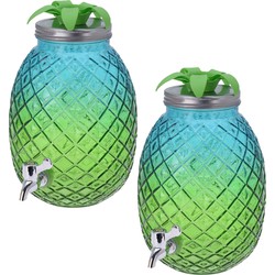 2x Stuks glazen drank dispenser ananas blauw/groen 4,7 liter - Drankdispensers