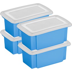 Sunware 4x opslagbox kunststof 7 liter blauw 38 x 21 x 14 cm met deksel - Opbergbox