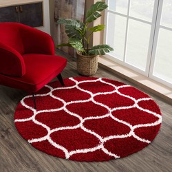 Tapijtenloods Madrid Shaggy Rond Design Vloerkleed Rood Creme Hoogpolig- 150 CM ROND