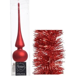 Kerstversiering glazen piek mat 26 cm en folieslingers pakket rood van 3x stuks - kerstboompieken