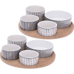 Set van 2x stuks serveerplanken bamboe dia 22 cm met 8x luxe hapjes/saus/tapas porselein schaaltjes - Serveerplanken