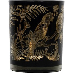 Theelichthouder/waxinelichthouder glas zwart 10 cm papegaai print - Waxinelichtjeshouders