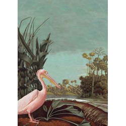 ESTAhome fotobehang tropisch landschap vergrijsd turquoise, bruin, donkergroen en licht roze - 2 x 2,79 m - 158948