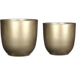 Plantenpot/bloempotten set - 2x stuks - keramiek - goud - D19 en D22 cm - Plantenpotten