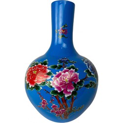 Fine Asianliving Chinese Vaas Blauw Bloemen Pioenen Handgemaakt
