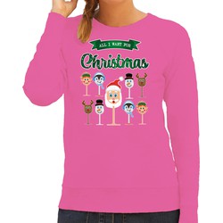 Bellatio Decorations foute kersttrui/sweater dames - Kerst Wijn - roze - All I Want For Christmas XS - kerst truien