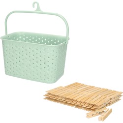 Wasknijpersmandje met ophanghaak - mintgroen - en 60x houten wasknijpers 7 cm - knijperszakken