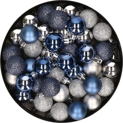 Kleine kunststof kerstversiering 40x stuks set en 3 cm kerstballen in het zilver en donkerblauw - Kerstbal