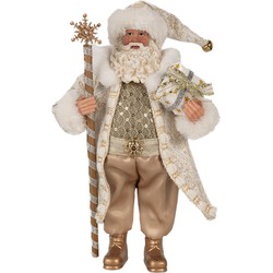 Clayre & Eef Kerstdecoratie Beeld Kerstman 27 cm Goudkleurig Wit Kunststof