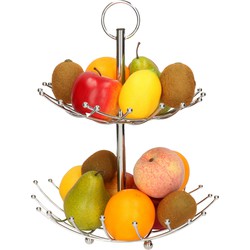 Dubbele etagere fruitschaal/fruitmand rond zilver metaal 36 x 40 cm - Fruitschalen