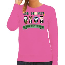 Bellatio Decorations Foute Kersttrui/sweater dames - de hosti band - roze - kerstmuziek - band L - kerst truien