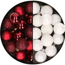 28x stuks kleine kunststof kerstballen wit en bordeaux rood 3 cm - Kerstbal