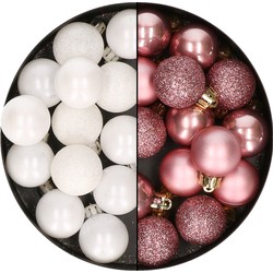 28x stuks stuks kunststof kerstballen wit en velvet roze 3 cm - Kerstbal